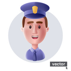 Young smiling police officer in uniform. Realistic 3D style vector character illustration in cartoon style.