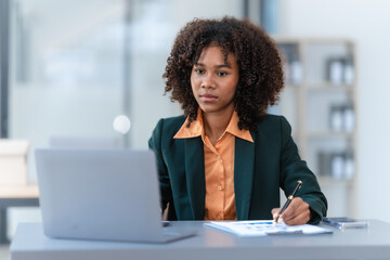 Online consult with laptop, video conference, Young pretty african american business woman...