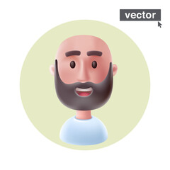 Bold young bearded guy in white t-shirt 3D avatar. Adult human with positive emotions in circle. Vector character illustration.