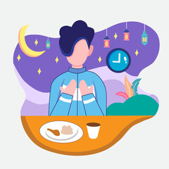 Illustration vector graphic of muslim man was praying. Perfect for Ramadhan, Eid Al-Fitr and Islamic fest
