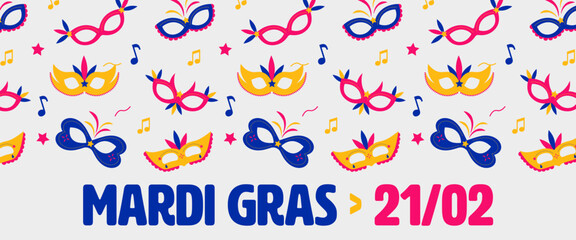 Bannière pour la fête mardi gras le 21 février. Illustration vectorielle de masques de déguisement pour le carnaval avec zone de texte.