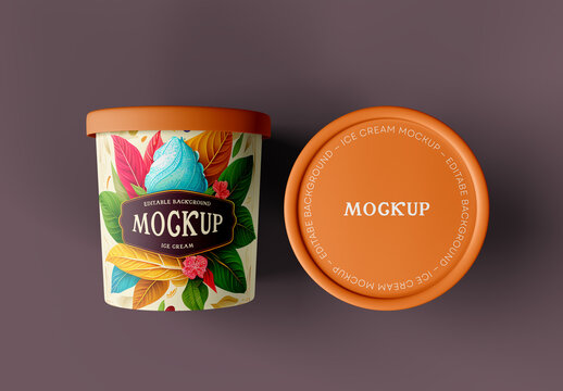 Ice Cream Tub and Lid Mockup &ndash; Colorful Dessert Branding Template with Bold Purple Background