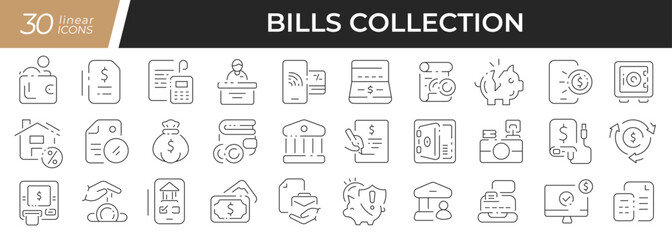 Fototapeta na wymiar Bills linear icons set. Collection of 30 icons in black