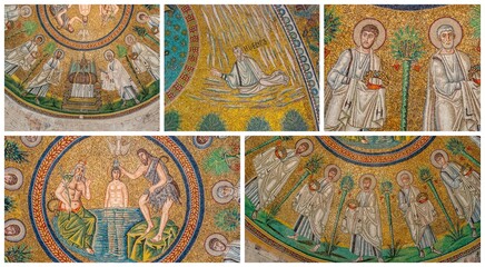 Fototapeta na wymiar Byzantine mosaics of city of Ravenna in Italy , collage