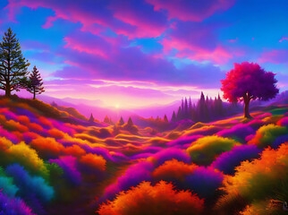 Fantasy sunset landscape rainbow colors with tree and pink clouds