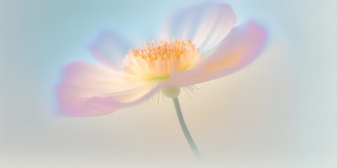 Soft pastel Spring background with fresh, blossom flowers and leaves in mist, smoke and Spring dew.  Generative AI.