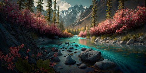 Landscape of dense forests full of trees and mountains above a lake, clear cold water. Spring concept, nature is waking up. Generative AI.