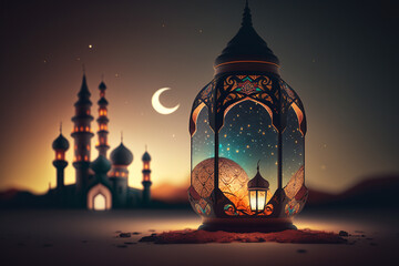 Fototapeta premium Ornamental Arabic lantern with burning candle glowing at night. Muslim holy month Ramadan Kareem made with generative AI