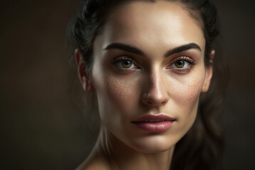 Fototapeta premium a young woman in close-up with green eyes and brown long hair. Generative AI