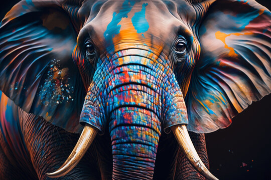 Portr&auml;t Gesicht eines Elefanten mit bunten Farben, generative AI