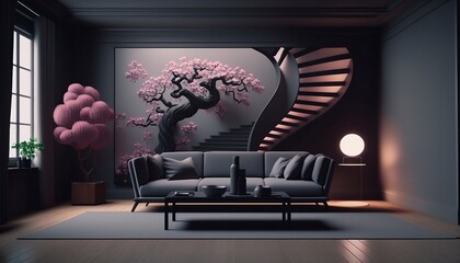 Modern living room with a sakura tree, Video conference, zoom background, Generative ai