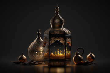 Ornamental Arabic lantern with burning candle glowing at night. Muslim holy month Ramadan Kareem made with generative AI