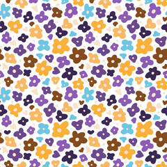 Pattern of small purple, blue and yellow flowers. Seamless blossom vector image.