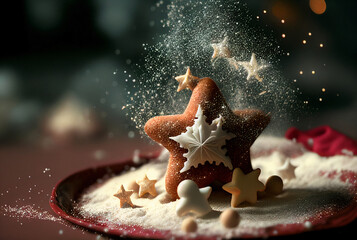Chocolate dessert decorated with stars and sugar splash.