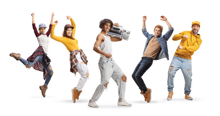 Cheerful young men and women with a boombox dancing