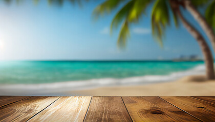 Fototapeta premium Empty wooden table top product display showcase stage with tropical summer beach background. Generative ai