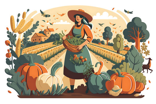 Flat vector illustration Organic farmer harvesting fresh vegetables on her farm  