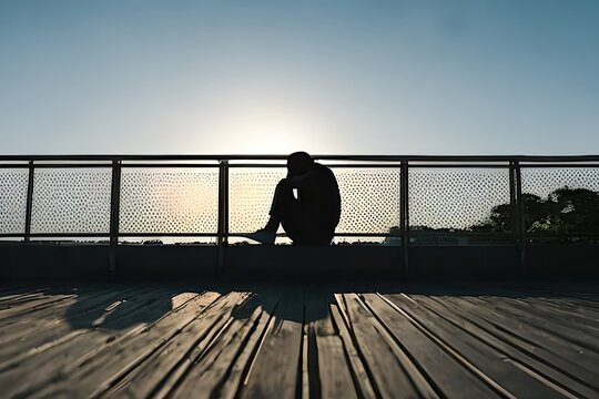 Silhouette of a Depressed Man Sitting on a Pier with a Glaring Sunshine Representing Inner Turmoil. Sad man, lonely and unhappy.Negative emotion and mental health concept. The impact of Economy crisis