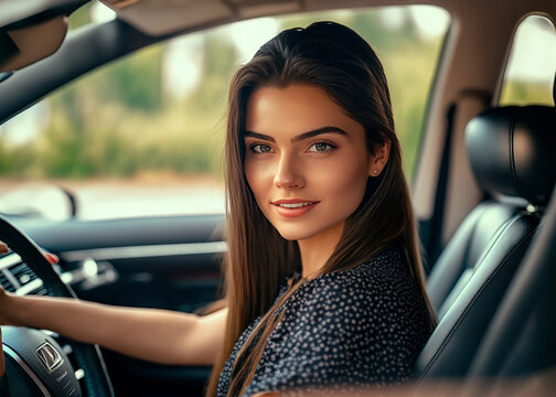 side view of a smiling woman driving looking out a car window. Happy woman holding a steering wheel in the vehicle. Generative AI