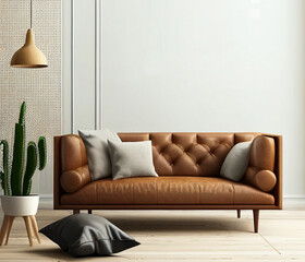 Interior living room wall mockup with leather sofa and decor on white background Generative AI
