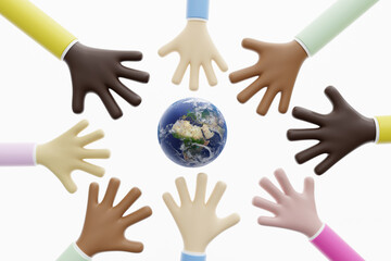 Cartoons Hands, Diversity Concept of different skin colour working together. 3D Illustration