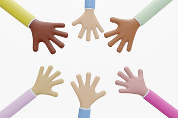 Cartoons Hands, Diversity Concept of different skin colour working together. 3D Illustration