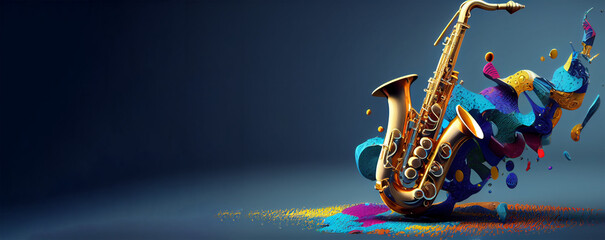 beautiful saxophone with magical splash texture for music banner festival generative ai - obrazy, fototapety, plakaty