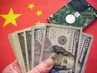 China flag, cash money dollars and computer chips. concept