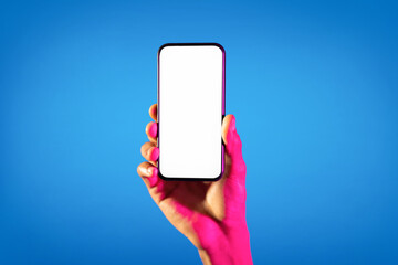 Black man holding smartphone with white empty screen, mockup
