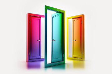 Open multicolored doors set on white background. Creative concept of choice options. Generative AI illustration