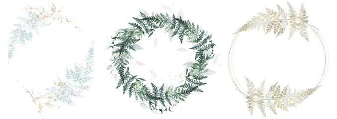 Fototapeta na wymiar Set of fern twigs round wreath frame. Green, blue and golden texture. Floral arrangement. Cut out hand drawn PNG illustration on transparent background. Isolated clipart.