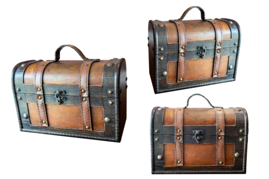 Three wooden treasure chests on white background