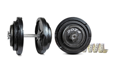 2024 written on the dumbbell and measuring tape isolated on transparent background, PNG. Resolutions for the New Year.	 - 571285336