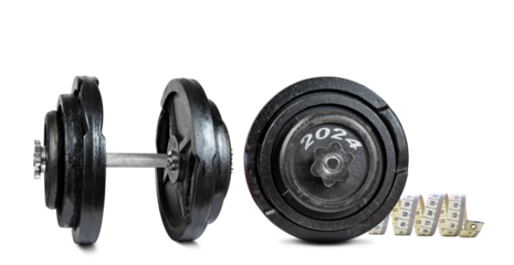 2024 written on the dumbbell and measuring tape isolated on transparent background, PNG. Resolutions for the New Year.	
