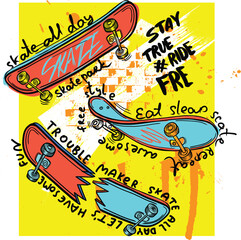 Typography hand drawn skateboard print with slogan. bright print for prints, clothes, t shirt, child or wrapping  paper. Creative kids original design  © SokolArtStudio