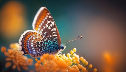 Nahaufnahme von einem schönen bunten Schmetterling auf gelben Blumen und Bokeh Effekt im Hintergrund, Generative AI 