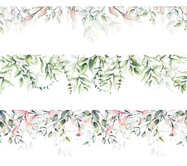 Set of Watercolor painted floral horizontal seamless frames. Arrangement with green and pink branches and leaves. Cut out hand drawn PNG illustration on transparent background. Clipart drawing...