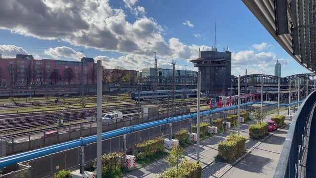 Hauptbahnhof railway station on sunny day in Munich city, Germany. European trip transportation concept