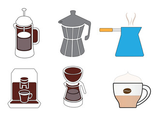 Different coffee makers together with a cup of coffee and a turkish coffee pot