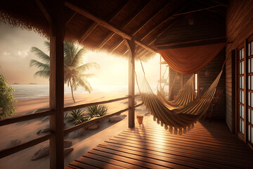 comfortable small modern wooden bungalow on sandy beach, small veranda with hammock, palm trees and mountains, concept of easy living, generative ai
