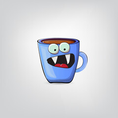 Vector cartoon blue coffee cup character with smiling face isolated on grey background. Funky Kawaii blue coffee mug character. Good morning and coffee day concept illustration