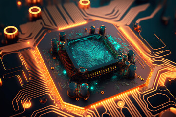 Fototapeta premium Motherboard with electronic circuits and CPU with glowing neon structures. Abstract cybernetic technologies. Generative AI illustration