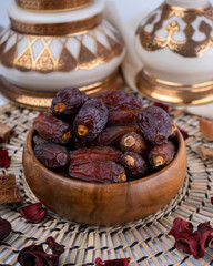 Ramadan Dates Palm Fruit On A Wooden Plate. 