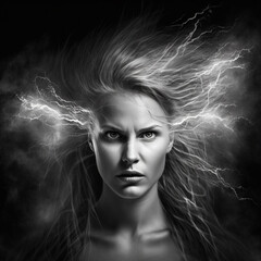 woman face, hair made of energy and lightning
