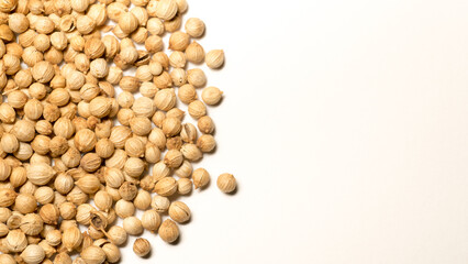 coriander seeds on a white background from a top view