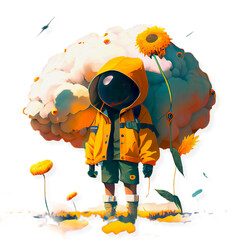 Boy standing in futuristic rain