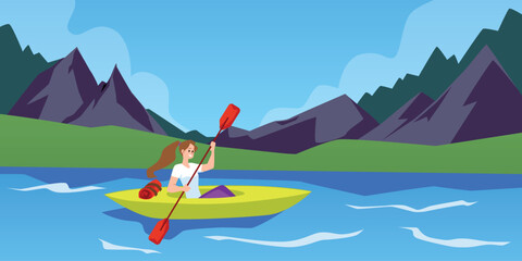 Kayaking adventure scenery background, flat cartoon vector illustration.