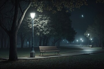 Empty public park at night with illuminated light on and bench, image created by generative ai