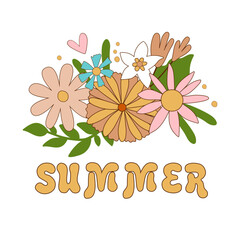 Daisy flowers summer retro 70s element isolated on white. Groovy floral bouquet, pastel wildflowers hand drawing floral composition. Vintage vector illustration, text, decorative print, card design.