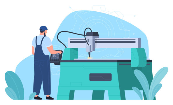 The employee works for industrial machines for processing metal, wood, and plastic. Production of parts on mechanical machines. Electronic equipment, engineering technologies. Vector illustration